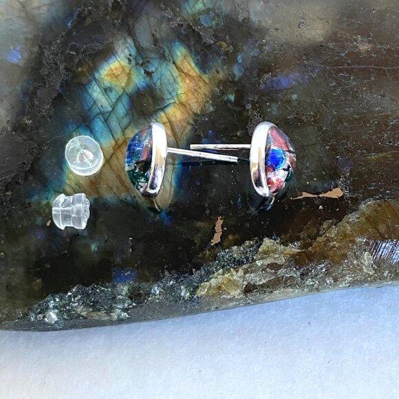 Sterling Silver 925 Dainty Oval Dichroic Glass Cabochon Stud Earrings - Picture 5 of 16